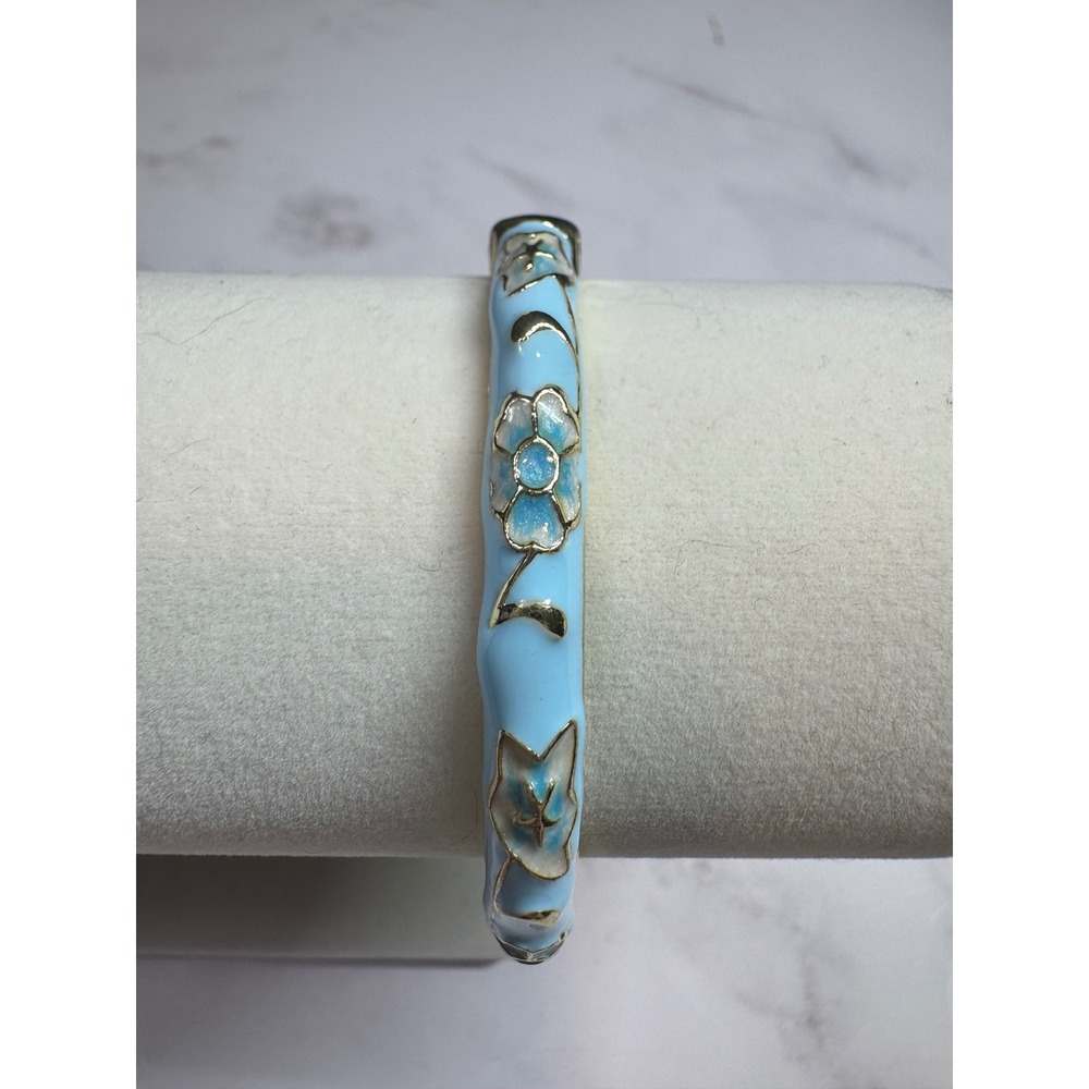 Blue White Enamel Floral Bangle Bracelet Gold Tone Hinged Flower Jewelry New